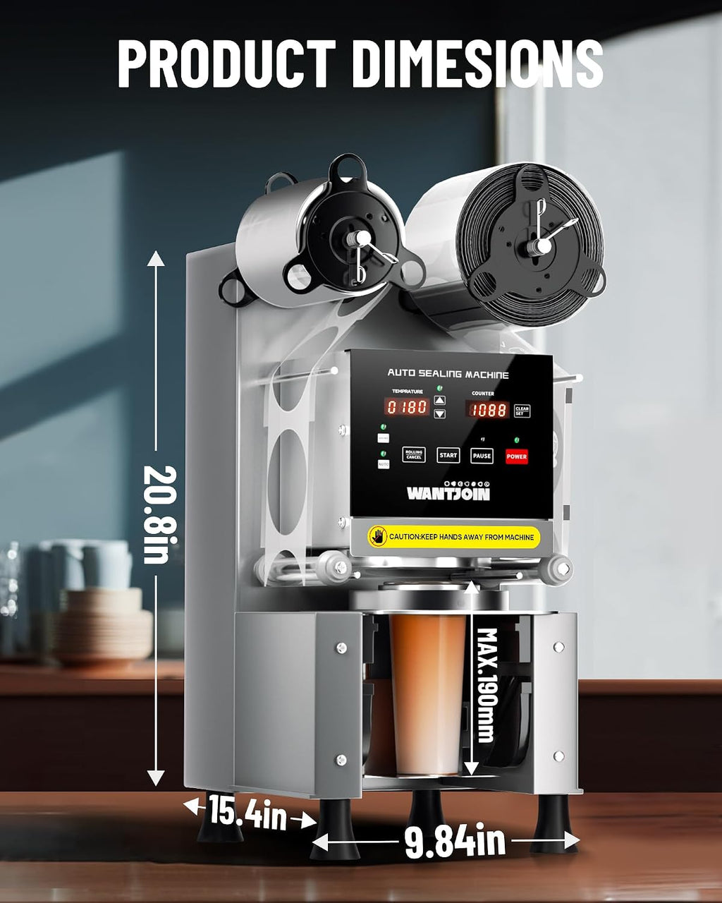 WantJoin Cup Sealing Machine Full Automatic Cup Sealer Machine 90/95mm 35.4/37.4in Electric Cup Sealing Machine 500-650 Cups/H Digital Control LCD Panel Cup Sealer for Bubble Milk Tea Coffee Grey…