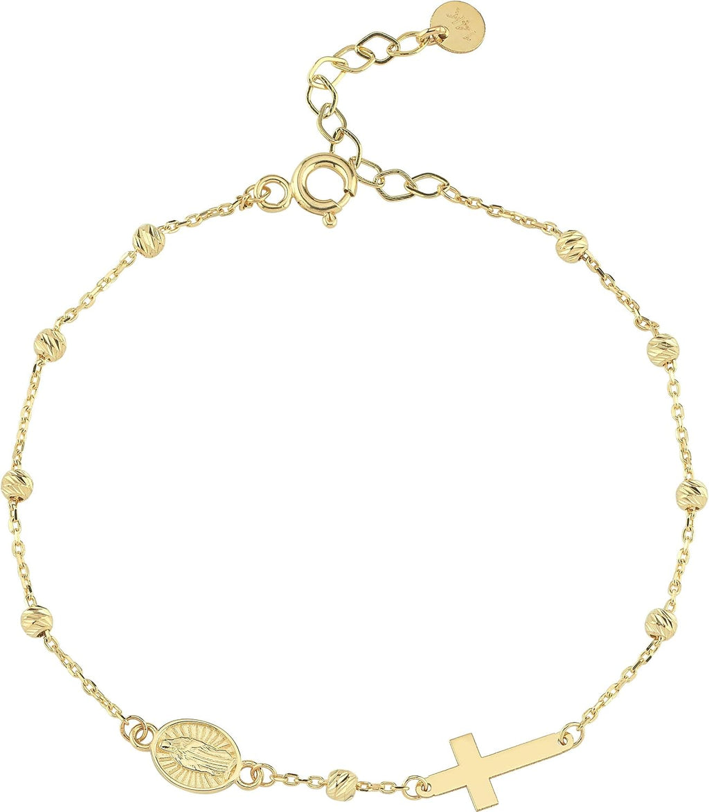 MIONZA 14K Solid Gold Rosary Sideways Cross Bracelet for Women, Adjustable Cross Bracelet, Religious Charm Catholic Jewelry, Christian Baptism Gift for Her