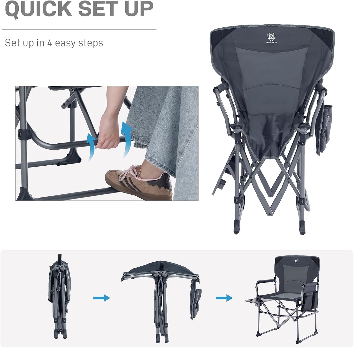 EVER ADVANCED Camping Directors' Chair with Side Table, Portable Folding Chair with Compact Size, Heavy Duty with Pocket for Camping, Lawn, Sports and Fishing, 400lbs, Gray 2 Pack