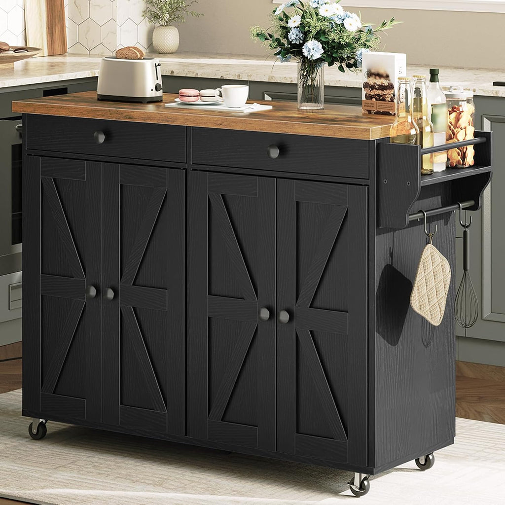 HOOBRO Kitchen Island with Power Outlet, Rolling Kitchen Island with Storage, Kitchen Island Cart with Spice Rack and Hooks, Island Table for Living Room, Rustic Brown and Black BF11UZD01