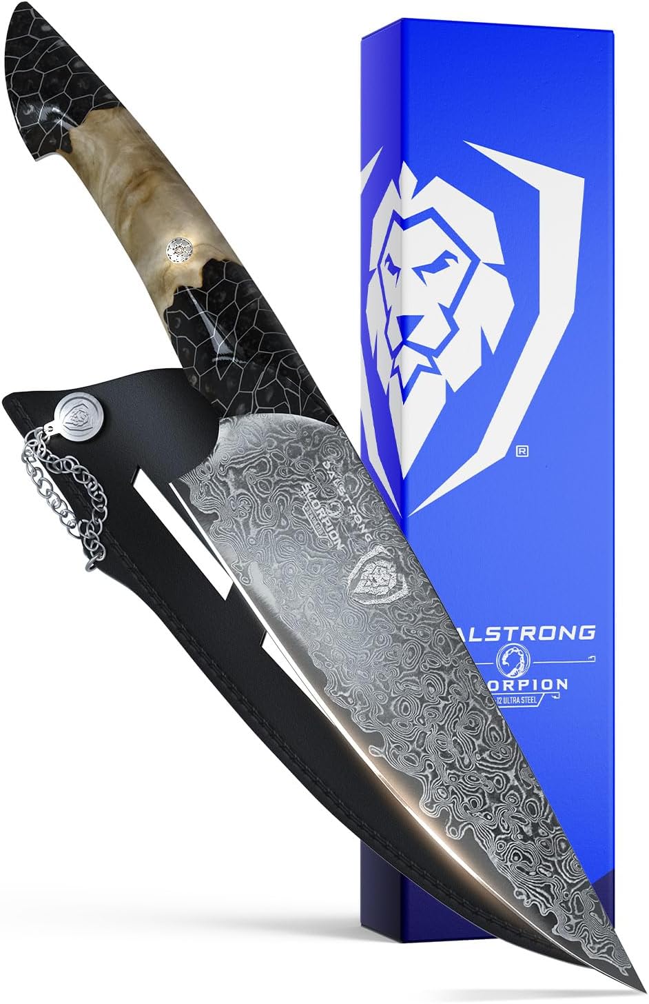 Dalstrong Chef Knife Professional- 8'-Scorpion Series - Venom Edition - Japanese Steel Chef Knife - Spiral Sandstorm Blade Pattern - Black Honeycomb Resin Handle - w/Chef Knife Leather Sheath
