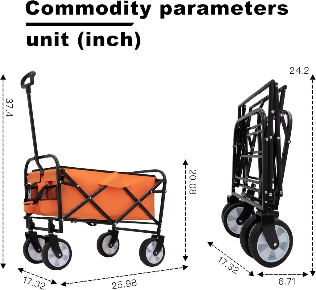 3-in-1 Convertible Folding Wagon Cart with Bench Seat & Storage, 500lb Capacity Heavy-Duty Utility Cart, 180L All-Terrain Wagon for Camping, Beach, Garden (Orange)