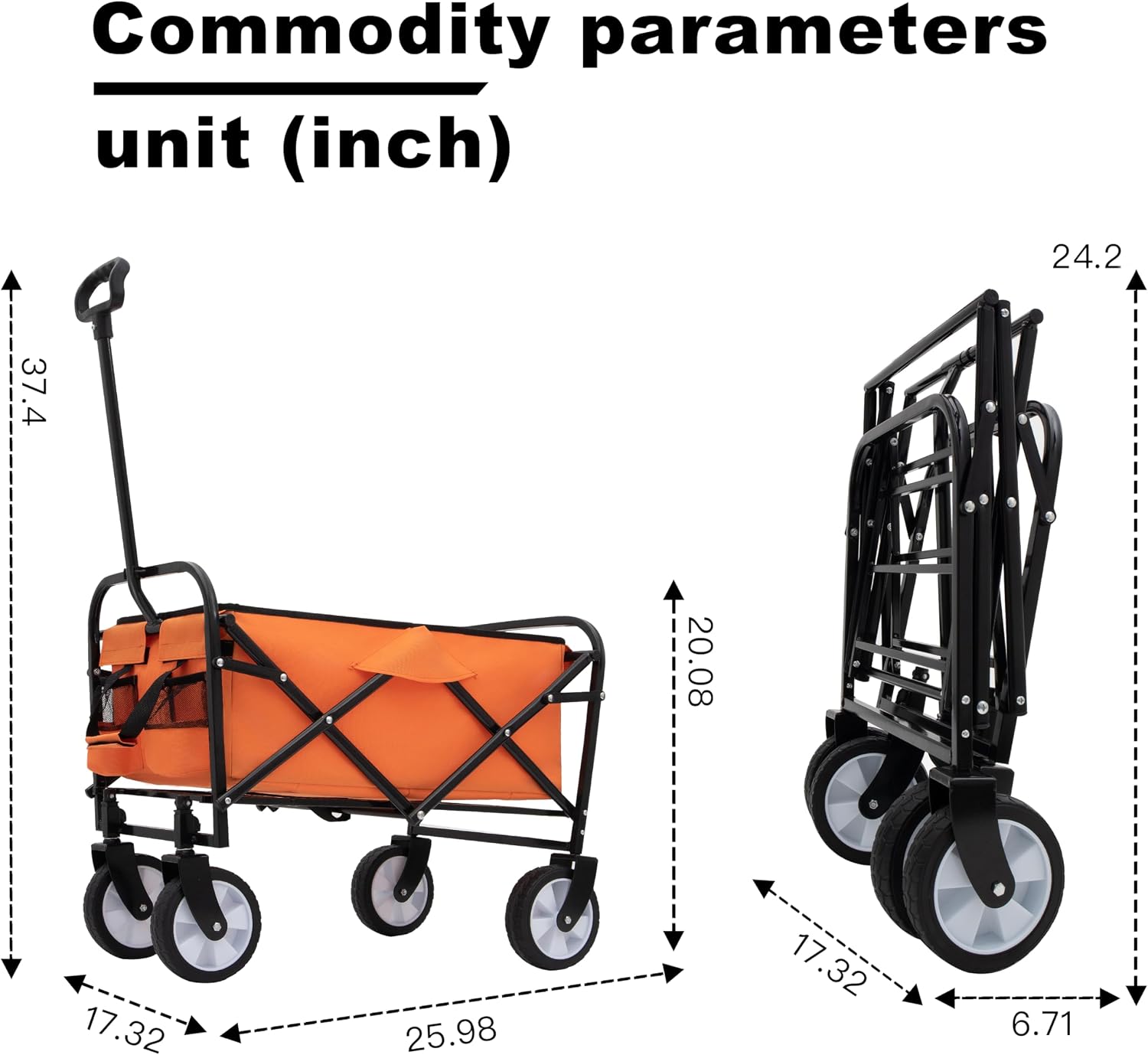 3-in-1 Convertible Folding Wagon Cart with Bench Seat & Storage, 500lb Capacity Heavy-Duty Utility Cart, 180L All-Terrain Wagon for Camping, Beach, Garden (Orange)