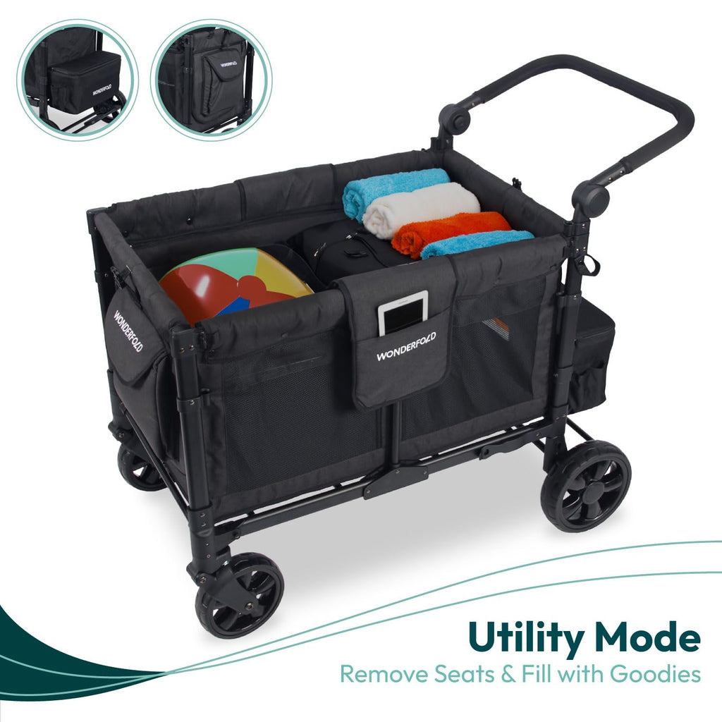 WonderFold W4 Elite Stroller Wagon - Foldable Wagon with Steel Frame - Adjustable Canopy & Push Handle - All-Terrain Wheels - for Babies, Toddlers & Kids - 4 Seater - Gray
