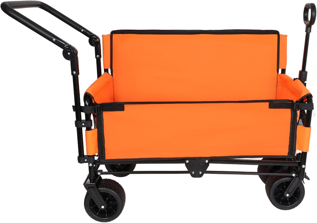 3-in-1 Folding Wagon Cart with Bench Seat & Canopy & Storage, 500lbs Heavy-Duty, 180L Capacity, All-Terrain Wagon for Camping, Beach, Sports, & Garden (Orange)