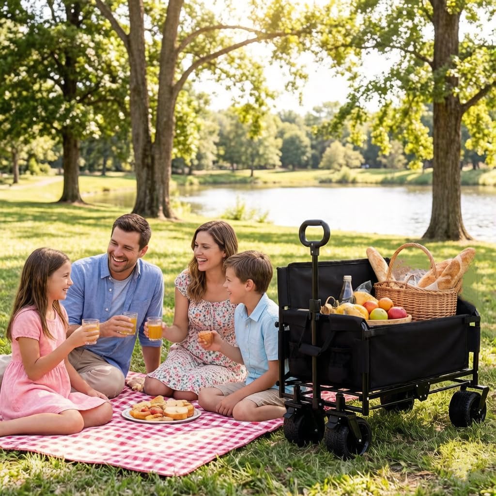 3-in-1 Convertible Folding Wagon Cart with Bench Seat & Storage - 500lbs Heavy-Duty Utility Wagon, 180L Capacity All-Terrain Wheels for Camping, Beach, Sports, Garden (Black)