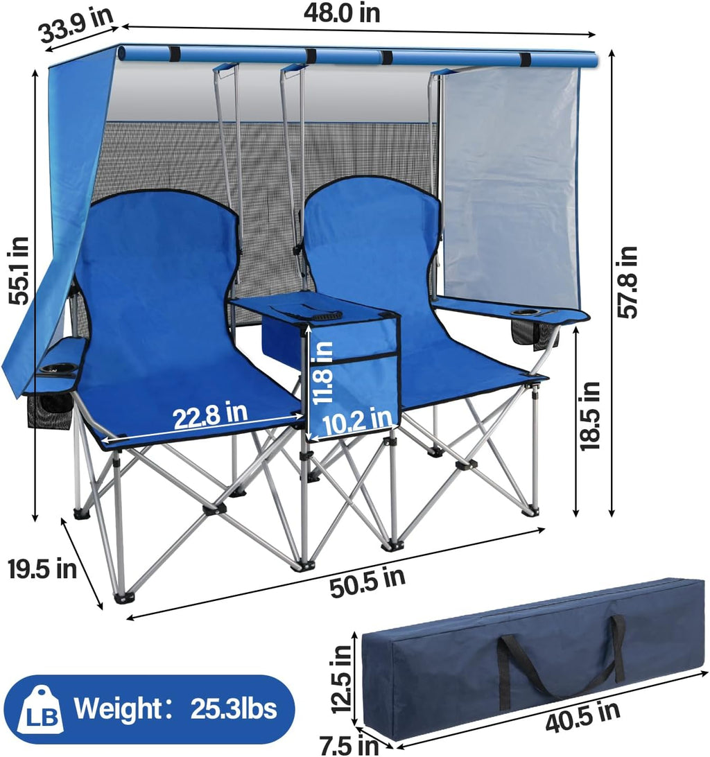 BDL Double Camping Chair with Canopy, Two Person Folding Loveseat with Shade, Heavy Duty Beach Chair with Cooler Bag, Cup Holder for Outside, Fishing, Sports, Beach-Sky Blue