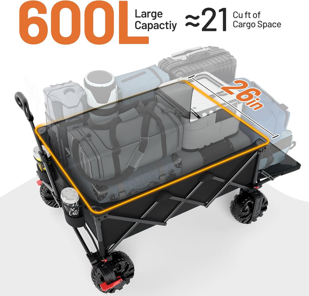 TIMBER RIDGE 600L Beast Wagon 26' W Extra Wide All Terrain Folding w/Big Wheels, Cargo Net & Tailgate, 400lbs Heavy Duty Portable Cart 54.5' L Large Collapsible Wagons for Camping, Sports, Dogs, Black