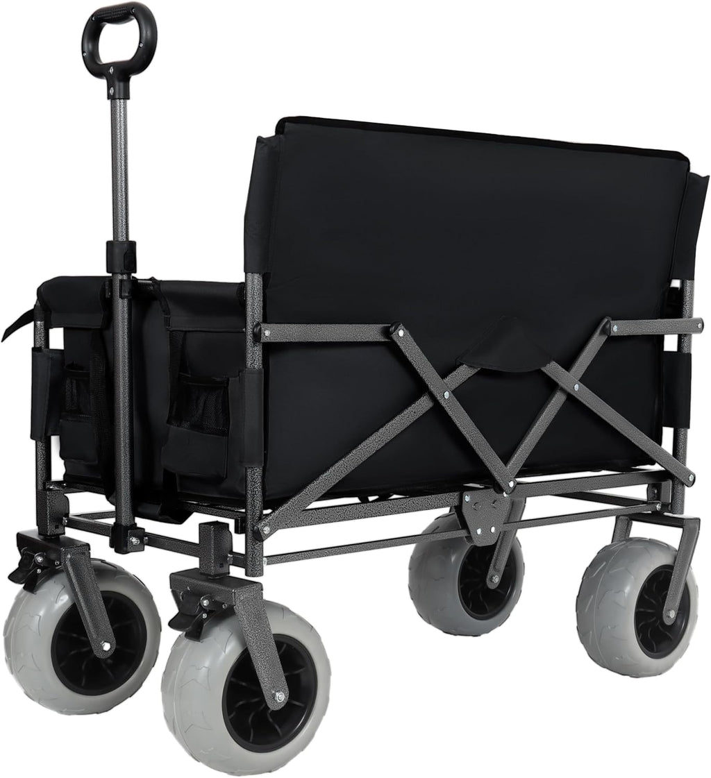 【LuckyNote】 3-in-1 Folding Wagon with Bench Seat – 500lbs Capacity, 9'x4' Beach Tires for Camping & Beach (Black)