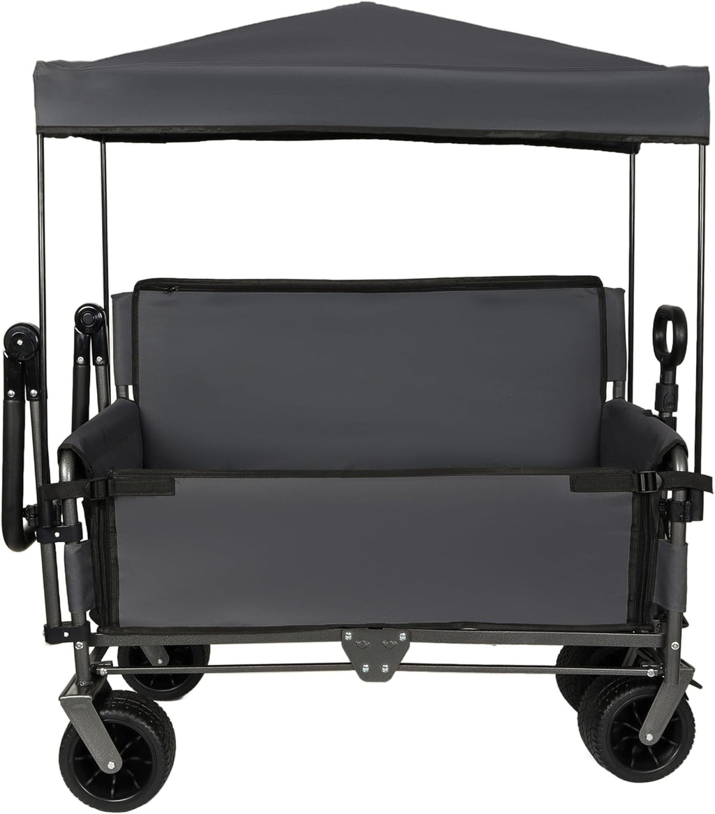 3 in 1 Folding Wagon Cart with Bench Seat Canopy Storage, 500lbs Heavy Duty, 180L Capacity, All Terrain Wagon for Camping, Beach, Sports, Garden, Gray