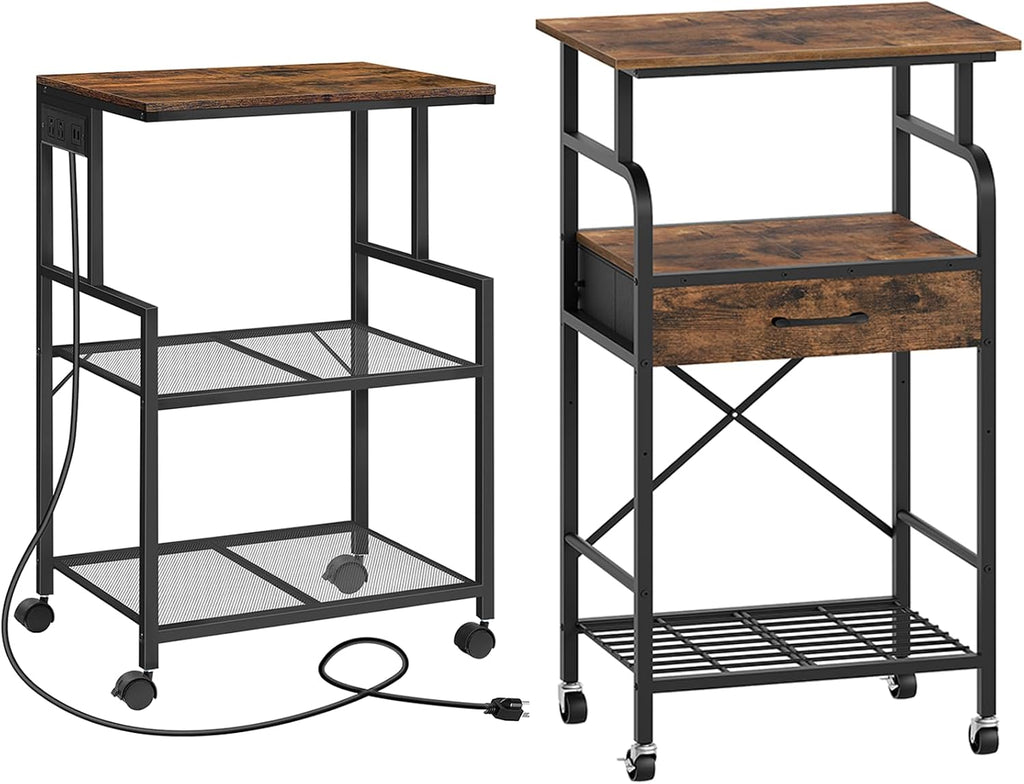 MAHANCRIS Printer Stand and Printer Table Bundle, 3-Tier Industrial Printer Cart with Power Outlets and 2 USB Ports, 3 Tier Mobile Printer Table with Adjustable Shelf & Drawer PTHR78E01-PTHR5401