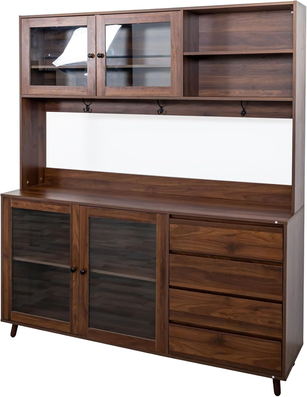 63' Kitchen Pantry Cabinet with Doors and Shelves, Freestanding Bakers Rack Coffee Station with 4 Drawers and Hooks for Kitchen Dining Room, Walnut