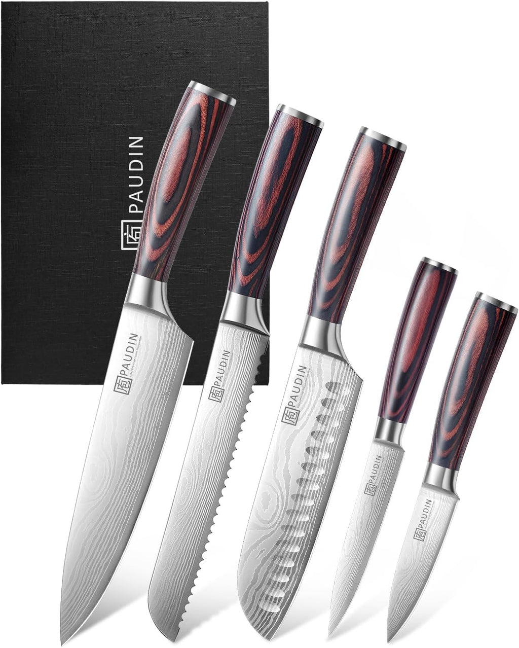 PAUDIN Knife Set, 5PCS Kitchen Knife Set without Block, Stainless Steel Chef Knife Set with Pakkawood Handle, Professional Kitchen Gift Sets for Cooking Lovers & Farther's Day