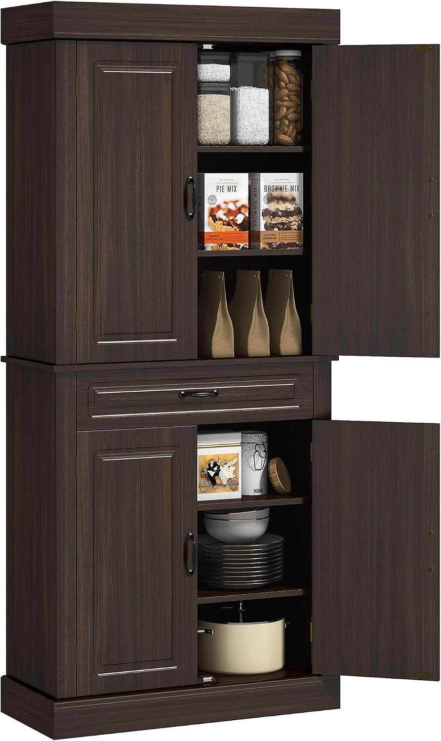 71' 4-Door Freestanding Storage Cabinet, Kitchen Storage Bakers Rack with Wide Drawer, Utility Food Cupboard with Anti-Tipping Design for Kitchen, Coffee