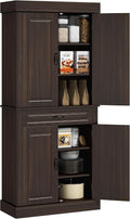 71' 4-Door Freestanding Storage Cabinet, Kitchen Storage Bakers Rack with Wide Drawer, Utility Food Cupboard with Wood Grain for Kitchen/Dining/Office, Coffee