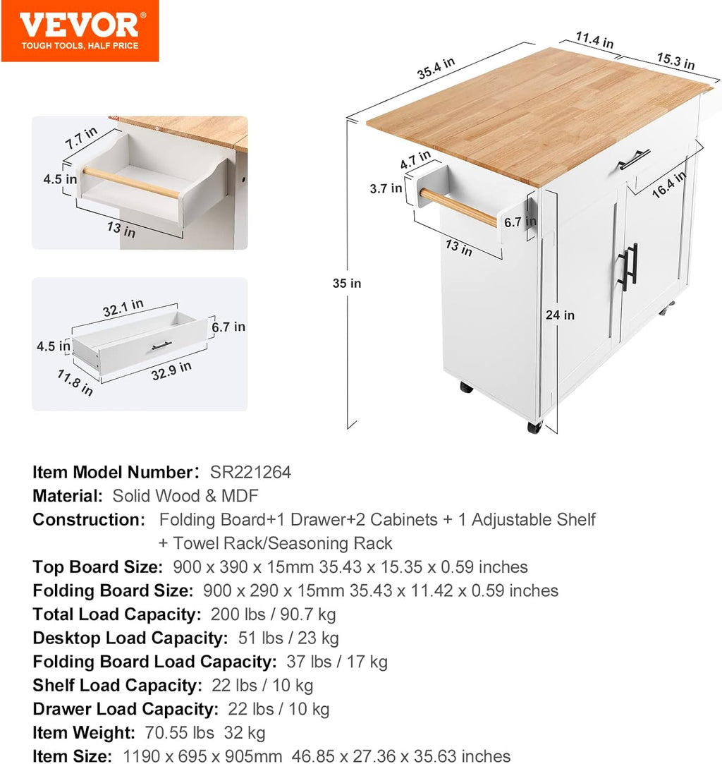 VEVOR Kitchen Island Cart with Solid Wood Top, 35.4' Width Mobile Carts with Storage Cabinet, Rolling Kitchen Table with Spice Rack, Towel Rack, Drop Leaf and Drawer, Portable Islands on Wheels, White