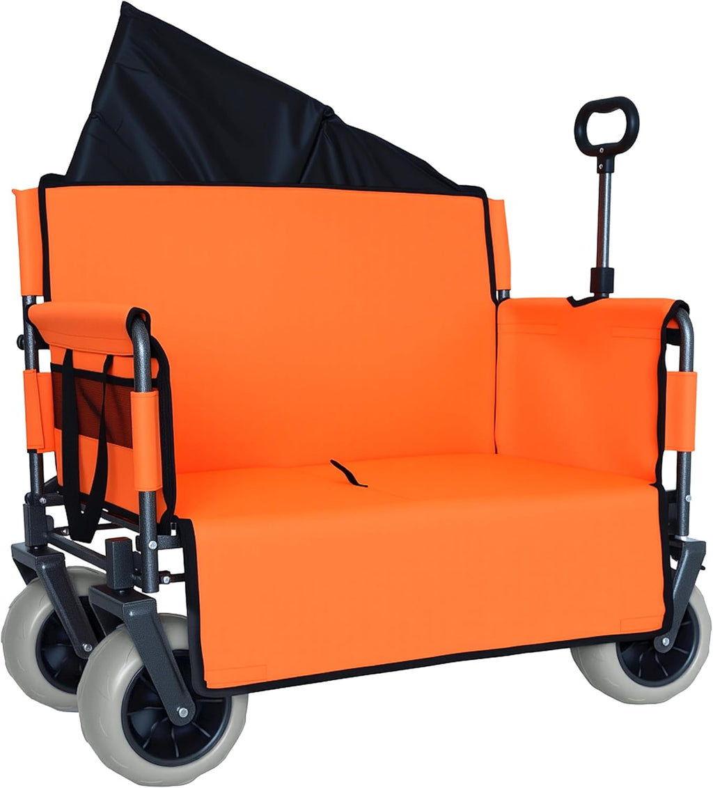 3-in-1 Convertible Folding Wagon Cart with Bench Seat & Storage-500lbs Capacity, 9'x4' Beach Tires for Camping & Beach (Orange + Steel)
