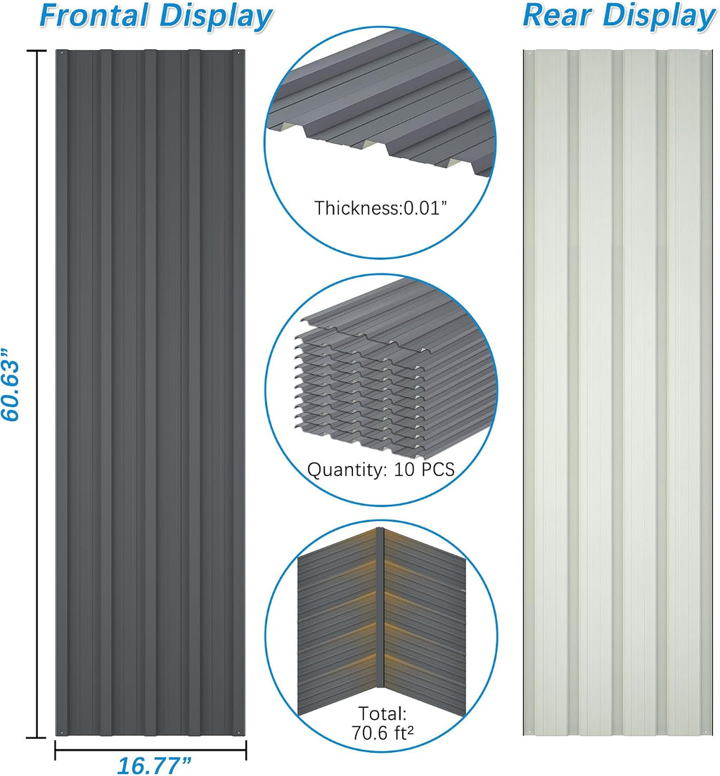 Metal Roof Panels 10 Pcs Galvanized Steel Roofing Panels with Screw Resistant,Versatile and Durable Suitable for Garages,Sheds, Stables and Mobile Homes Gray 70 sq.ft