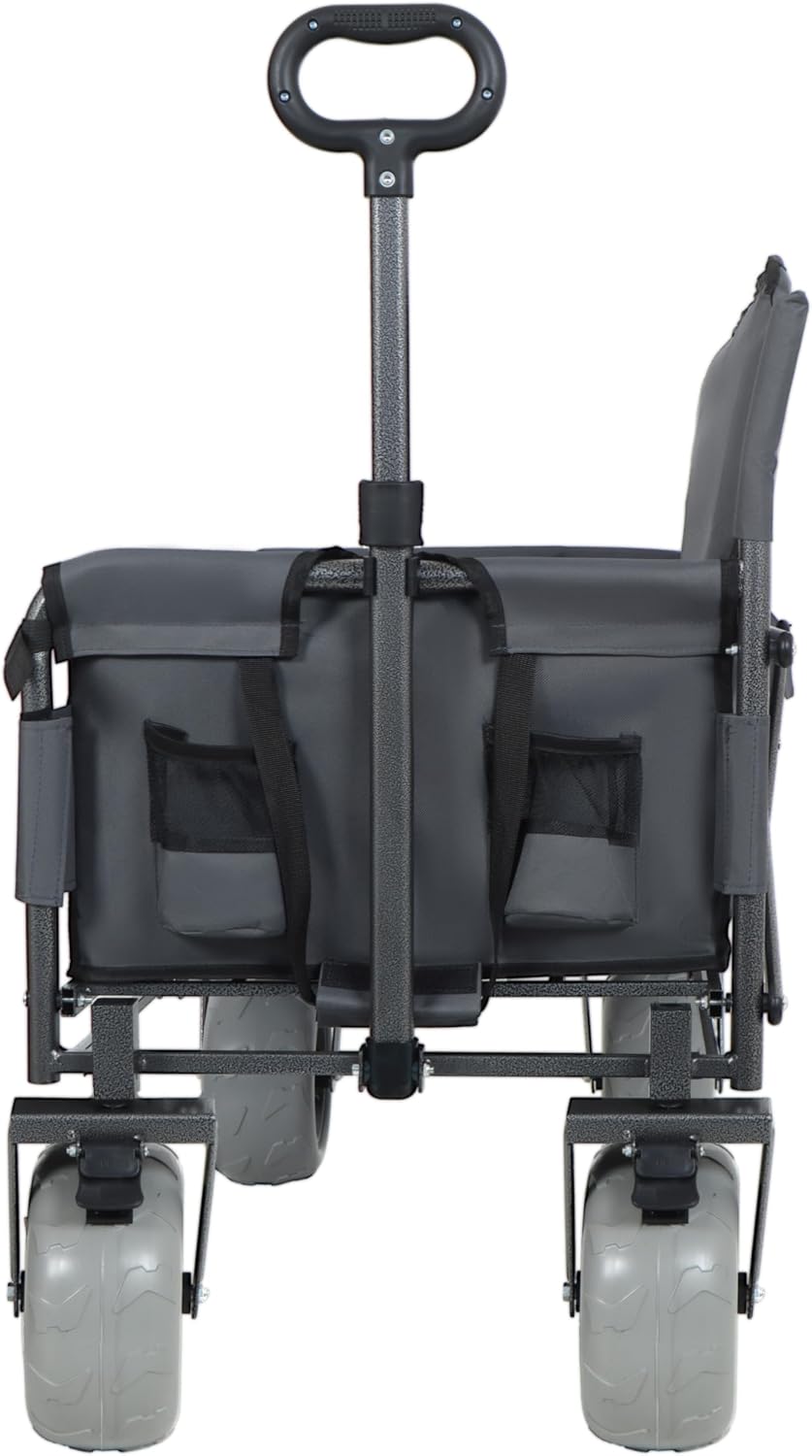 Gray Collapsible Wagon, Bench Seat & Storage, 9'x4' Beach Tires, Steel Frame, Folding Camping Cart for Camping & Beach, 40.94x25.2x44.29 in