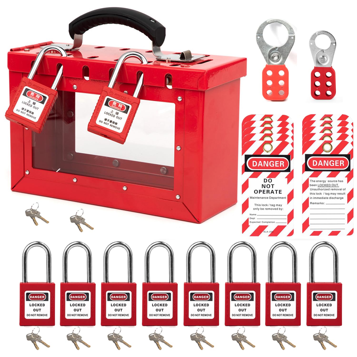 Lockout Tagout Lock Box Loto Box Kit Portable Visual Safety Lock Case Safety Padlock Box with 10 Padlock and 10 Lockout Tags,2PCS Loto Hasps Lock for Lock Out Tag Out Station