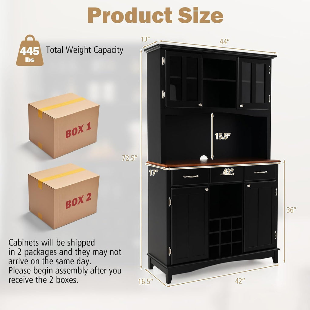 LOKO Kitchen Hutch Storage Cabinet, Sideboard Buffet Kitchen Cupboard with 4 Doors, 3 Drawers, 5 Adjustable Shelves and 9 Wine Grids, 44 x 17 x 72.5 inches (Black)