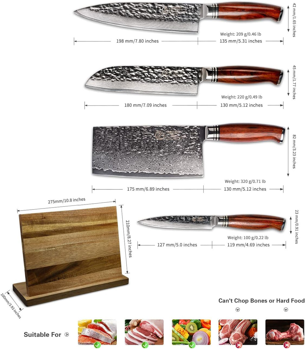 YARENH Cleaver Knife Set with Magnetic Block, Damascus Stainless Steel,73 Layers, 5 Piece Professional Sharp Kitchen Knife Set for Chef, Full Tang, Sandalwood Wood Handle