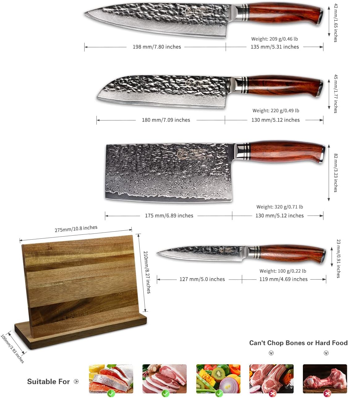 YARENH Cleaver Knife Set with Magnetic Block, Damascus Stainless Steel,73 Layers, 5 Piece Professional Sharp Kitchen Knife Set for Chef, Full Tang, Sandalwood Wood Handle