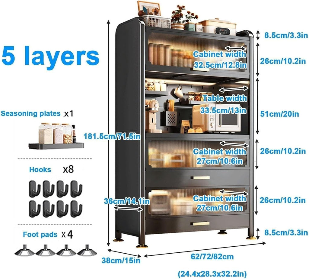 5-Tier Kitchen Baker's Rack with Flip Doors & Pull-Out Drawer, Metal Microwave Stand, Versatile Storage Shelves for Pantry, Coffee Makers, and More-82cm/32in