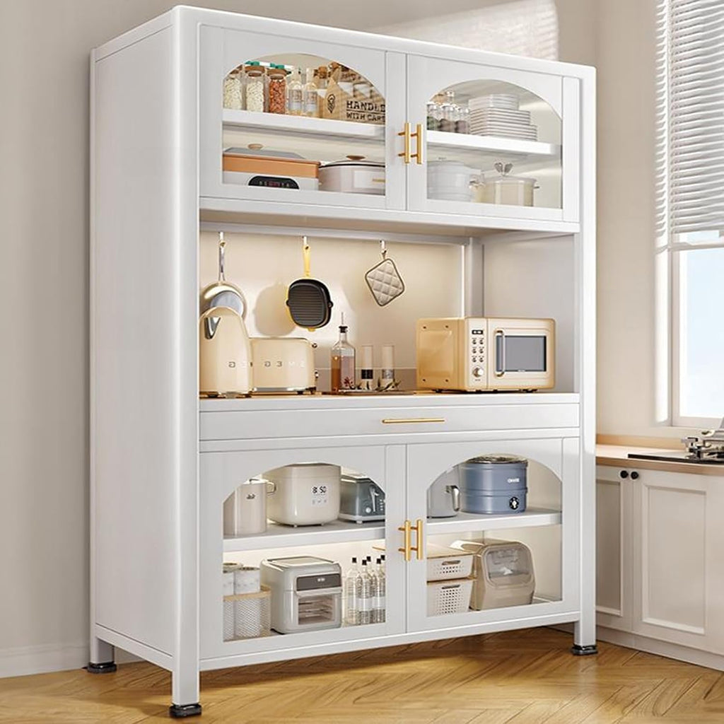 73' Microwave Stand with Drawer, Tall Bakers Rack with Cabinet, Adjustable Kitchen Cabinets with Countertop & Glass Doors