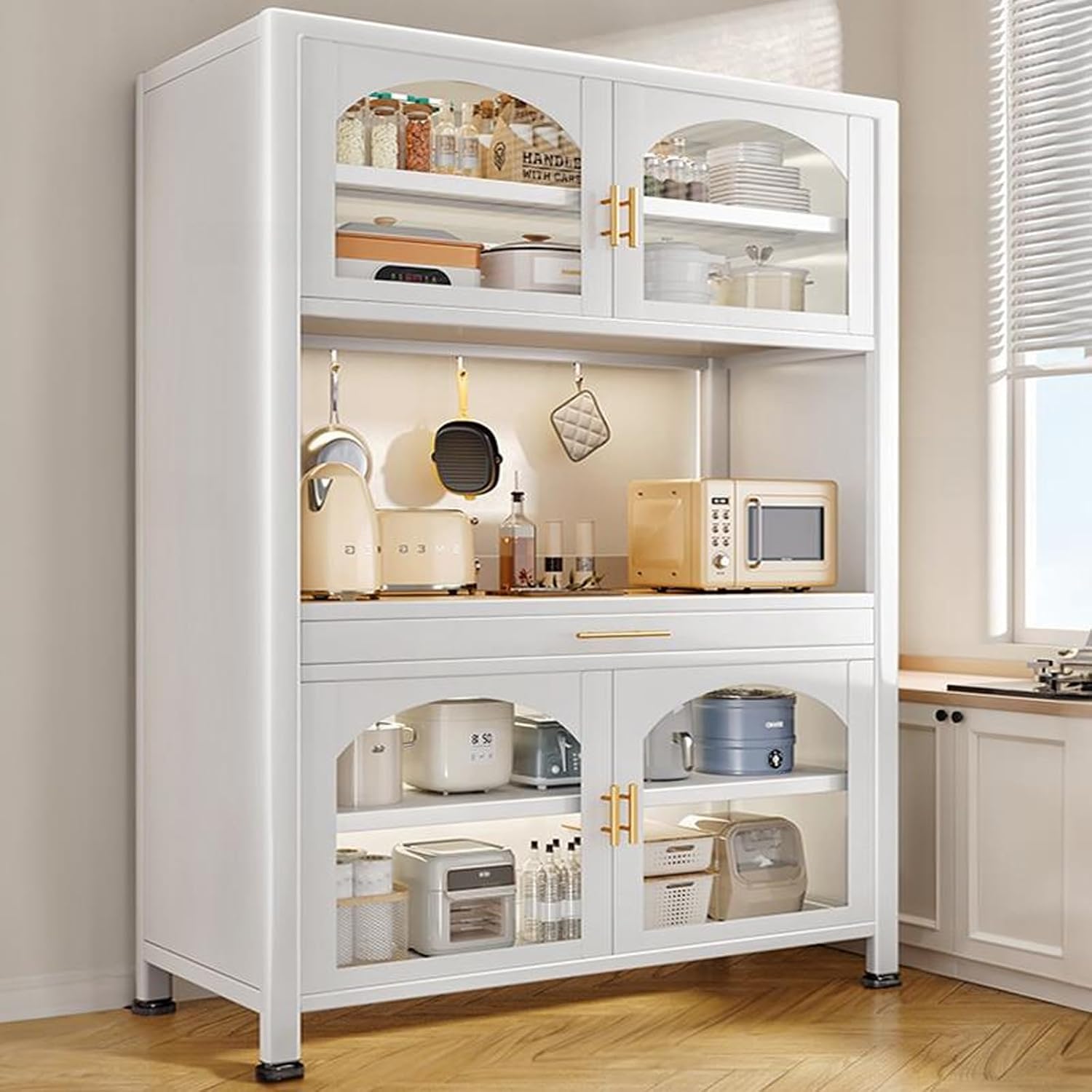 73' Microwave Stand with Drawer, Tall Bakers Rack with Cabinet, Adjustable Kitchen Cabinets with Countertop & Glass Doors