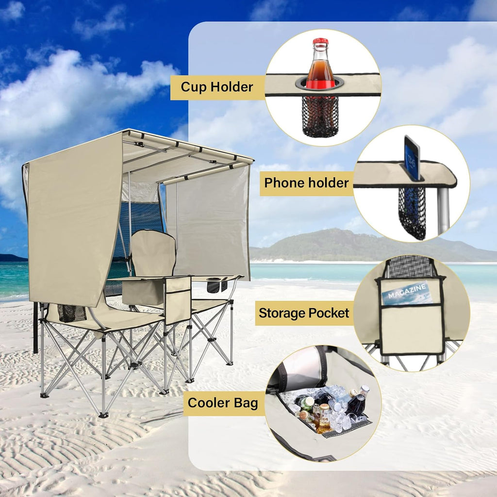 BESTHLS Double Camping Chair with Canopy Shade - Heavy Duty 600D Outdoor Loveseat for Adults, 2-Person Beach Chair with Umbrella, Folding Camp Loveseat for Fishing, Sports, Patio (White)
