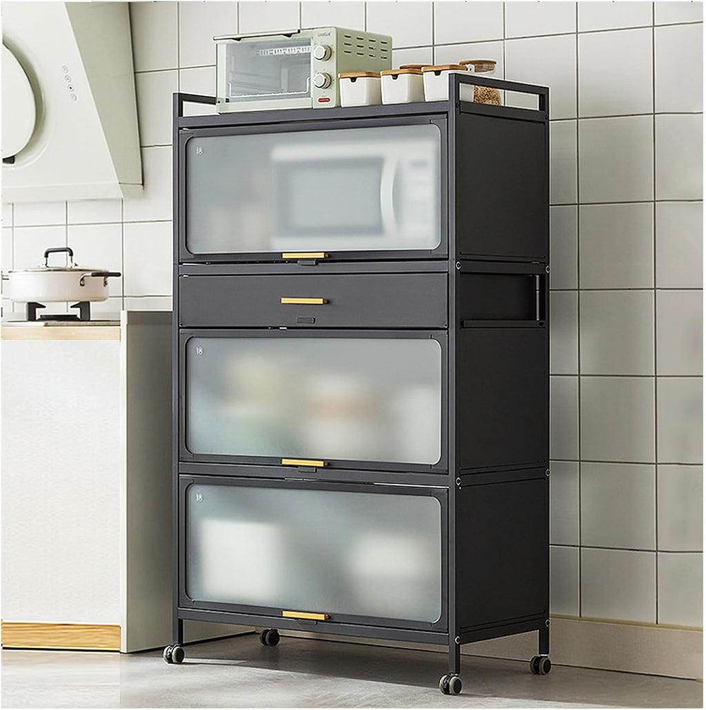 Kitchen Baker's Rack with Flip Door Cabinet, 5-Tier Microwave Stand with Drawer, Large Metal Storage Shelves with Brakeable Casters for Garage Pantry Home Kitchen Pots,Black,80×135cm/31.5×53in