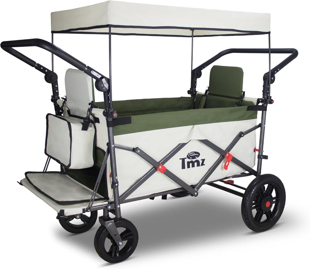 TMZ Foldable Wagon with Rain Cover & 2 Seats, Collapsible Folding Wagon with Adjustable Handle Bar, Multi Functional Cart with Canopy, Front Expandable Garden Cart (Transparent/Green)