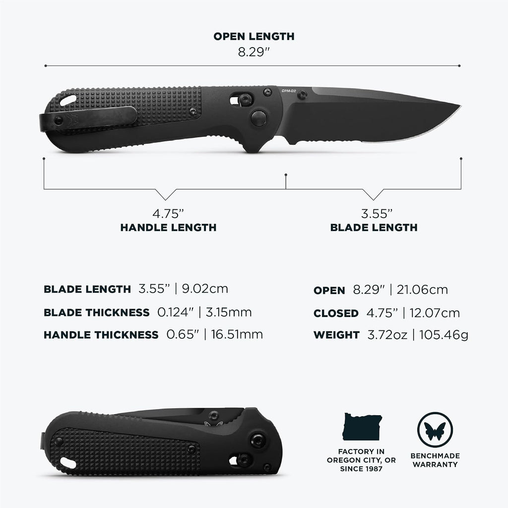 Benchmade - Redoubt Tactical, Every Day Knife, Serrated Edge, Drop-Point Blade with Black Grivory Handle (430SBK-02)