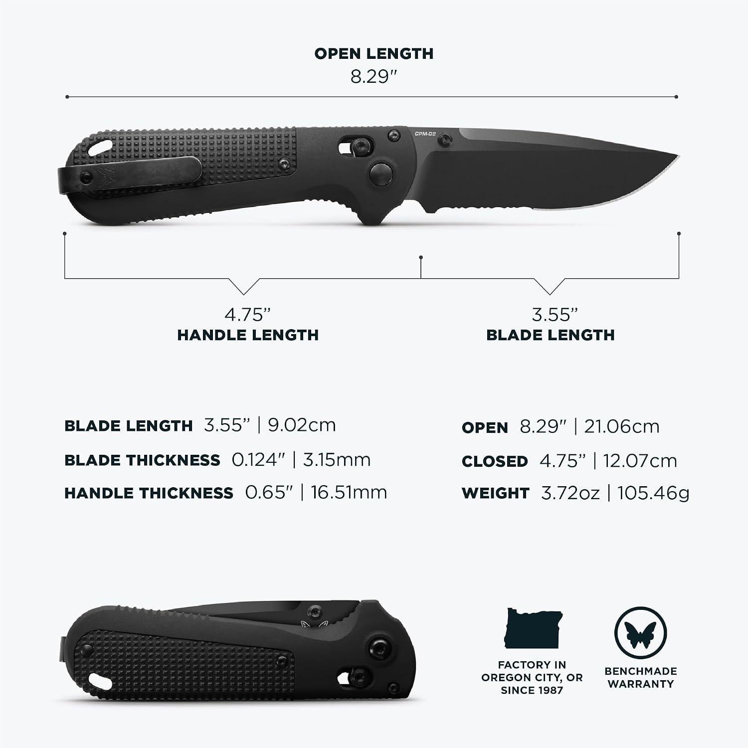 Benchmade - Redoubt Tactical, Every Day Knife, Serrated Edge, Drop-Point Blade with Black Grivory Handle (430SBK-02)