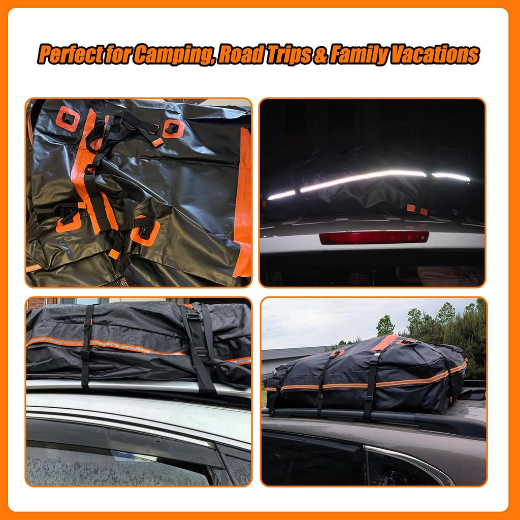 Car Roof Bag Top Cargo Carrier for Seat Leon ST FR Wagon 2020-2025, Water-Resistant Strong Fabric Cargo Bag with/Without Rack for Travel & Camping,425L/109 * 86 * 43cm-Black&Orange