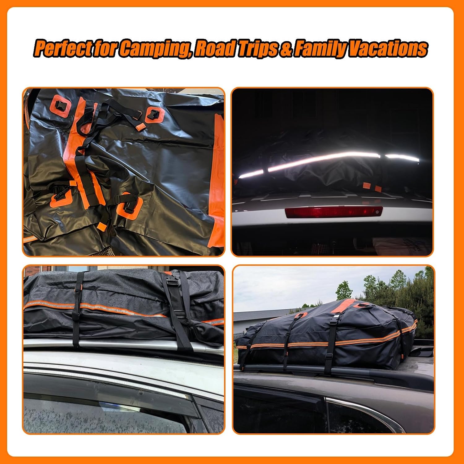 Car Roof Bag Top Cargo Carrier for Seat Leon ST FR Wagon 2020-2025, Water-Resistant Strong Fabric Cargo Bag with/Without Rack for Travel & Camping,425L/109 * 86 * 43cm-Black&Orange