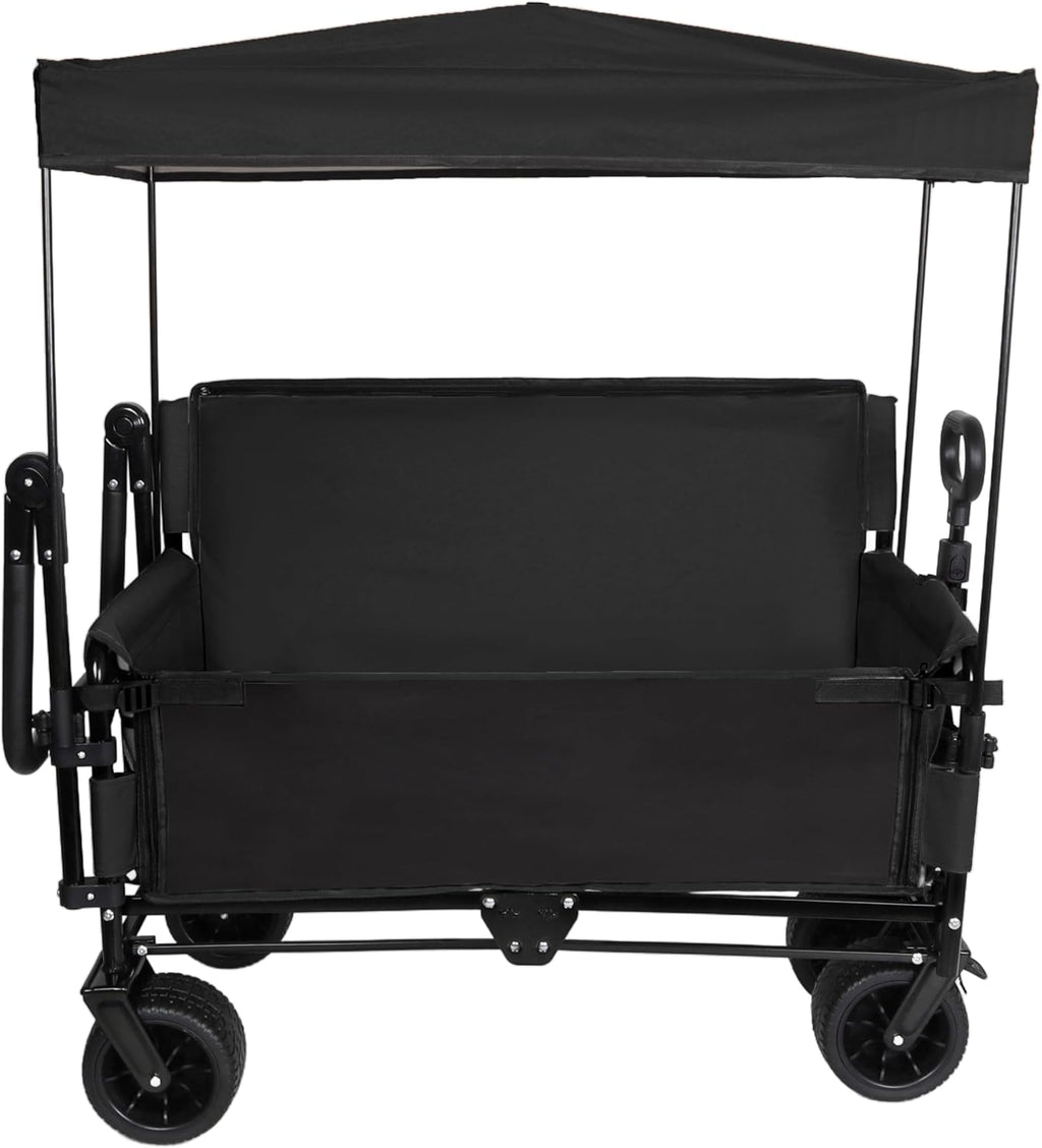 3-in-1 Heavy-Duty Folding Wagon Cart with Adjustable Canopy & Bench Seat – 500lbs Capacity, All-Terrain Utility Cart for Camping, Beach, Sports, Garden Storage (Black)