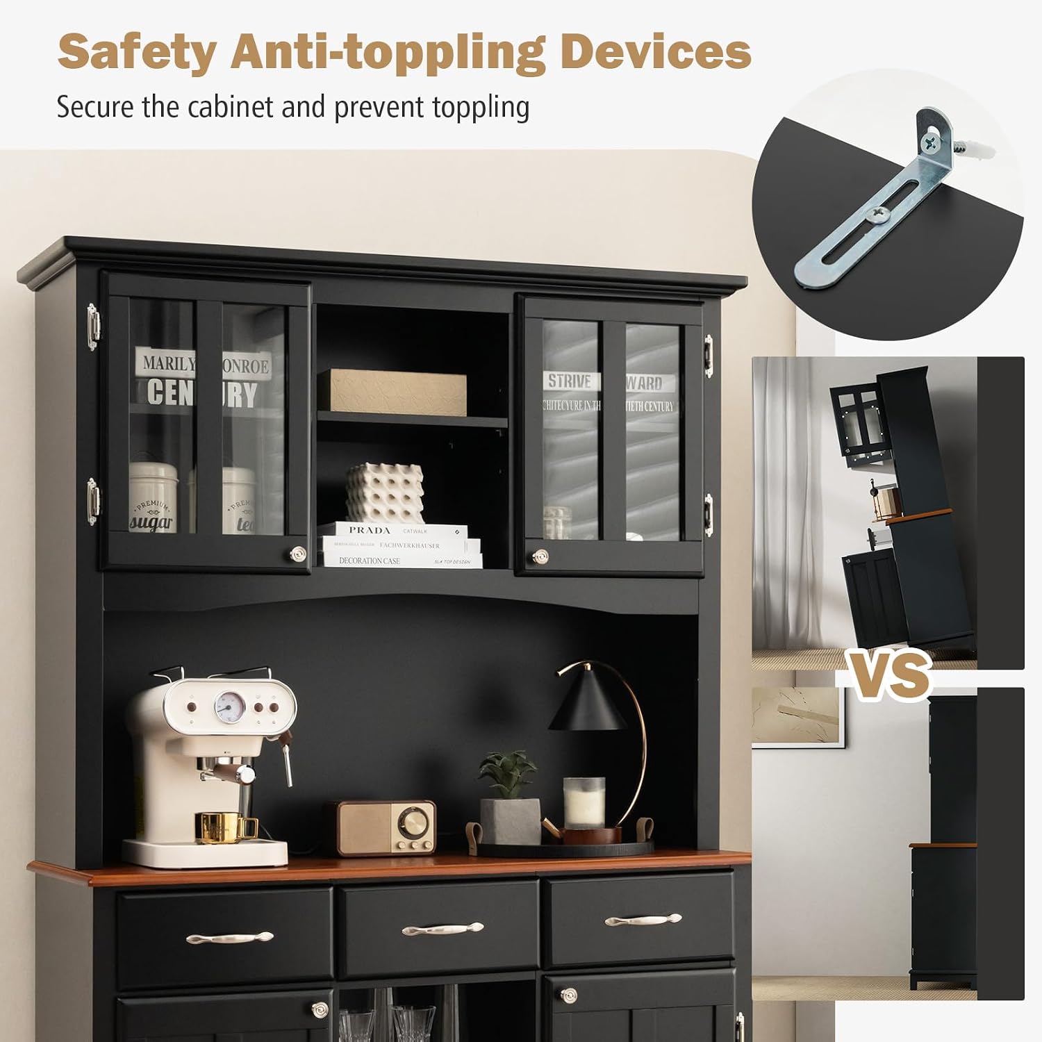 LOKO Kitchen Hutch Storage Cabinet, Sideboard Buffet Kitchen Cupboard with 4 Doors, 3 Drawers, 5 Adjustable Shelves and 9 Wine Grids, 44 x 17 x 72.5 inches (Black)