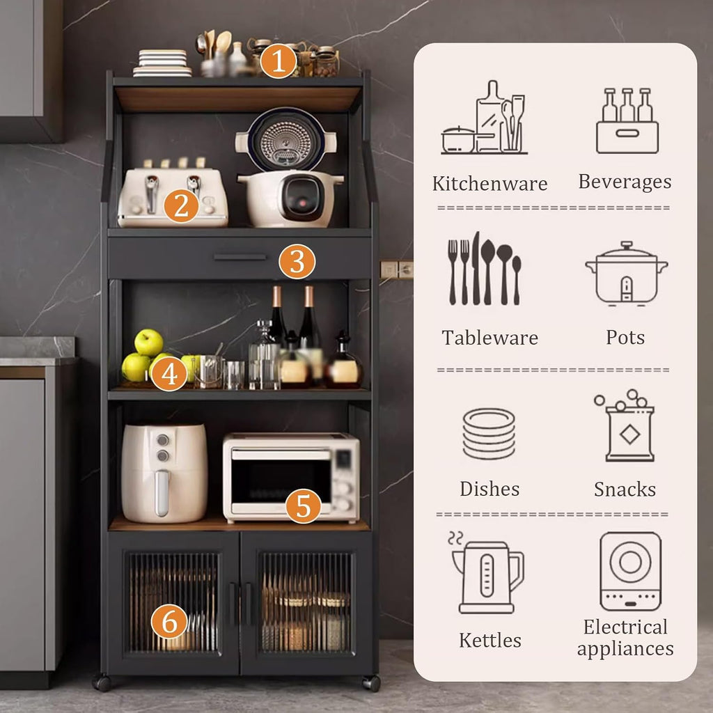 Kitchen Storage Shelves with Drawers and Storage Cabinets, Kitchen Bakers Rack with Universal Wheels, Heavy Duty Microwave Stand for Living Room, Office, Study