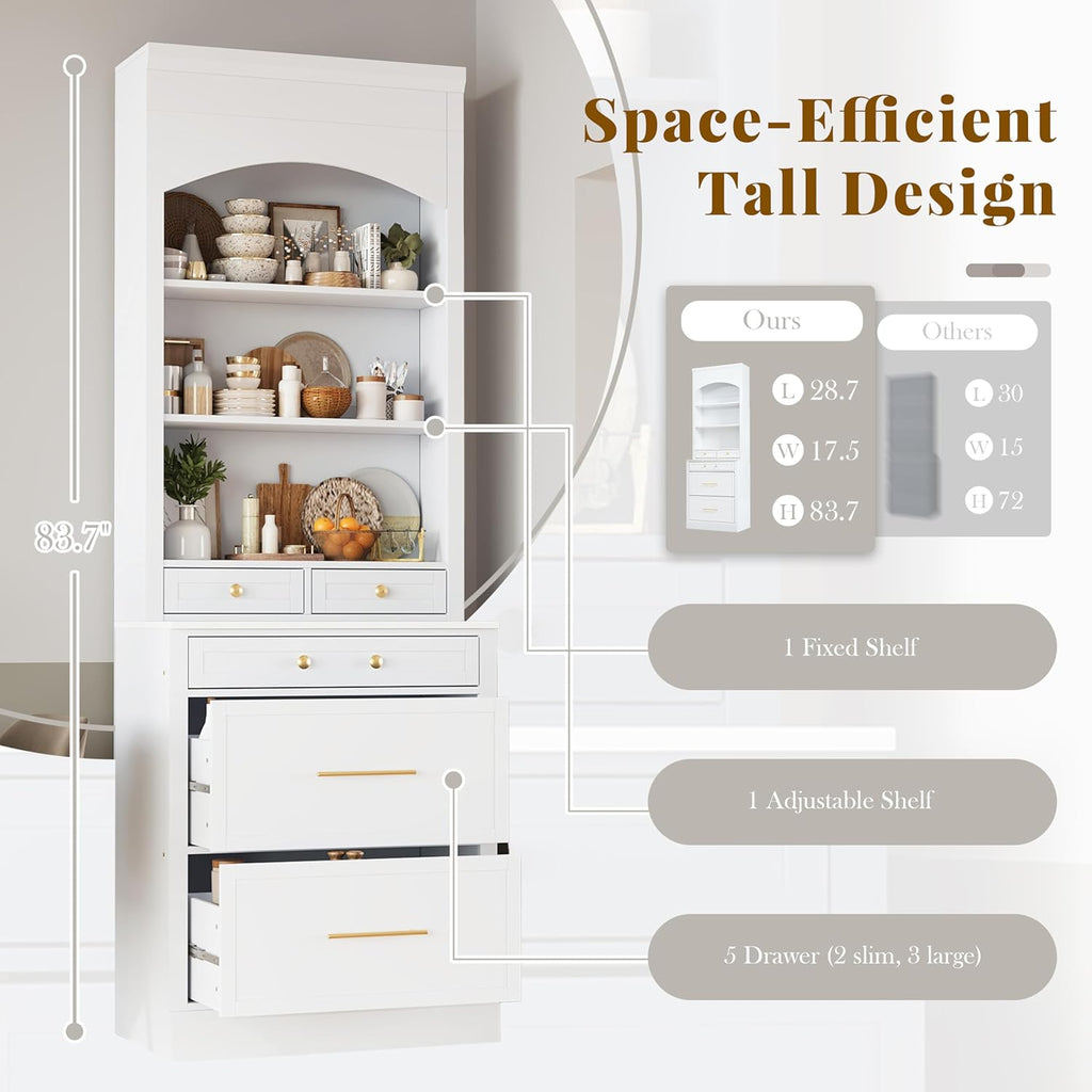 84' Modern Design Freestanding Storage Cabinet, Kitchen Storage Bakers Rack with Sturdy P2 MDF Frame, Utility Food Cupboard with 5 Storage Drawers for Kitchen/Dining Room/Living Space, White