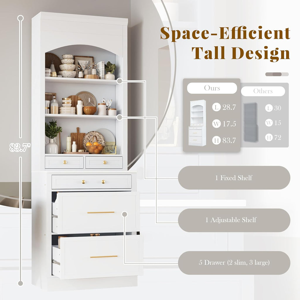 84' Faux Marble-Top Freestanding Storage Cabinet, Kitchen Storage Bakers Rack with 5 Drawers, Utility Food Cupboard with Adjustable Shelf for Kitchen/Dining Room/Living Space, White