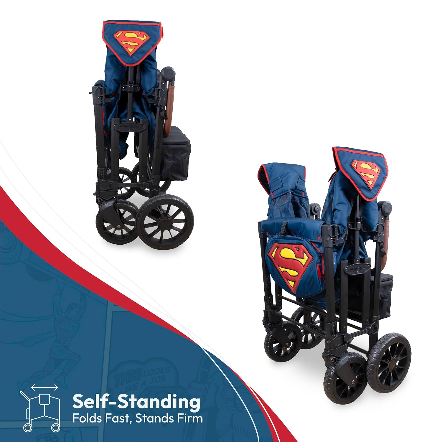 WONDERFOLD W4 Luxe Pro Special Edition Superman Stroller Wagon (4 Seater) - Collapsible Wagon Stroller with Seats with 5-Point Harnesses, Easy Access Zipper Door, and Removable Sun Canopy