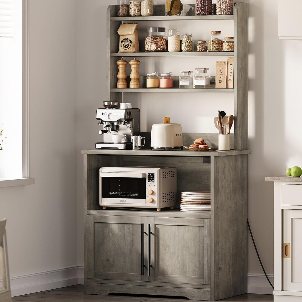 IDEALHOUSE Bakers Rack With Storage Cabinet, Microwave Stand With Power Outlets, Farmhouse pantry cabine With Thick Table Top, Small Kitchen Pantry Hutch Bakers Rack for Kitchen,Dining Room,Retro Gray