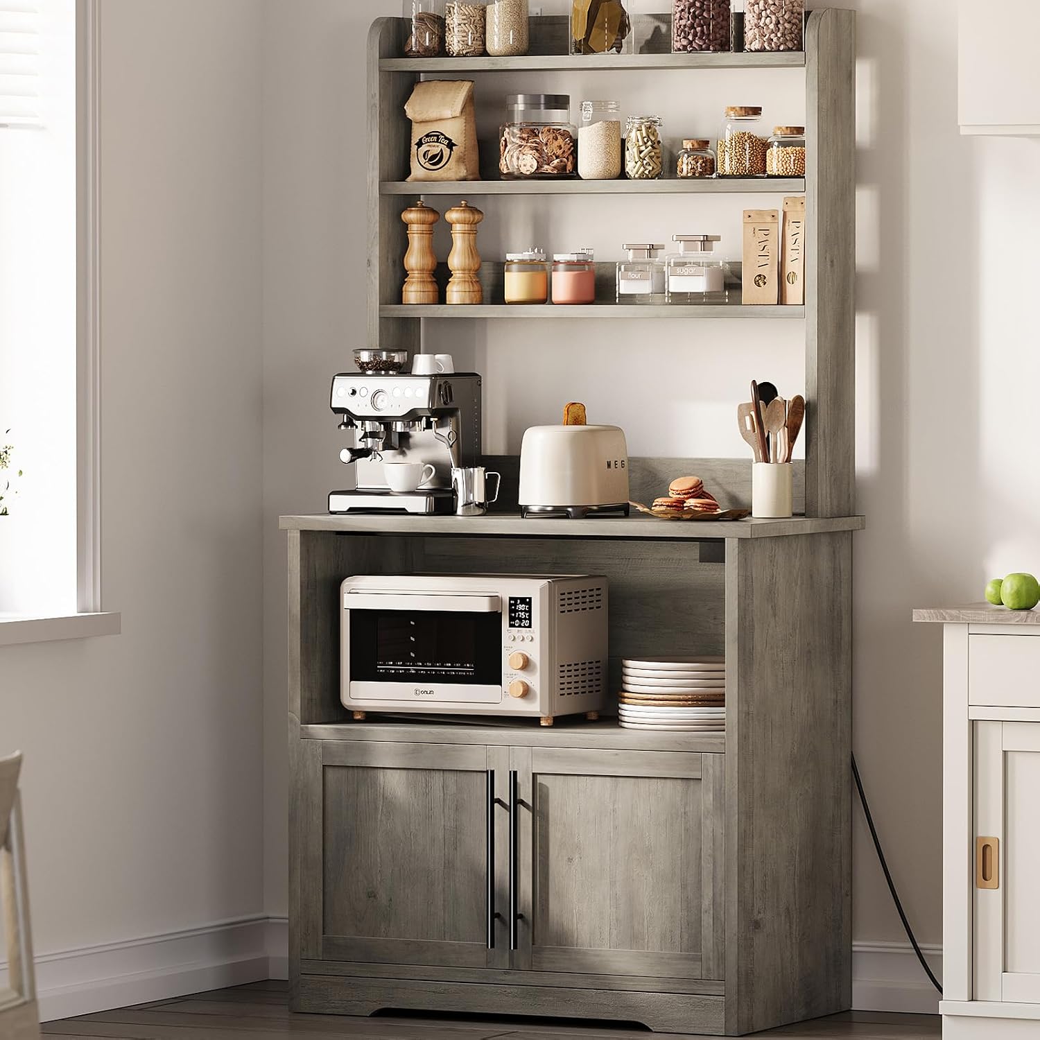 IDEALHOUSE Bakers Rack With Storage Cabinet, Microwave Stand With Power Outlets, Farmhouse pantry cabine With Thick Table Top, Small Kitchen Pantry Hutch Bakers Rack for Kitchen,Dining Room,Retro Gray