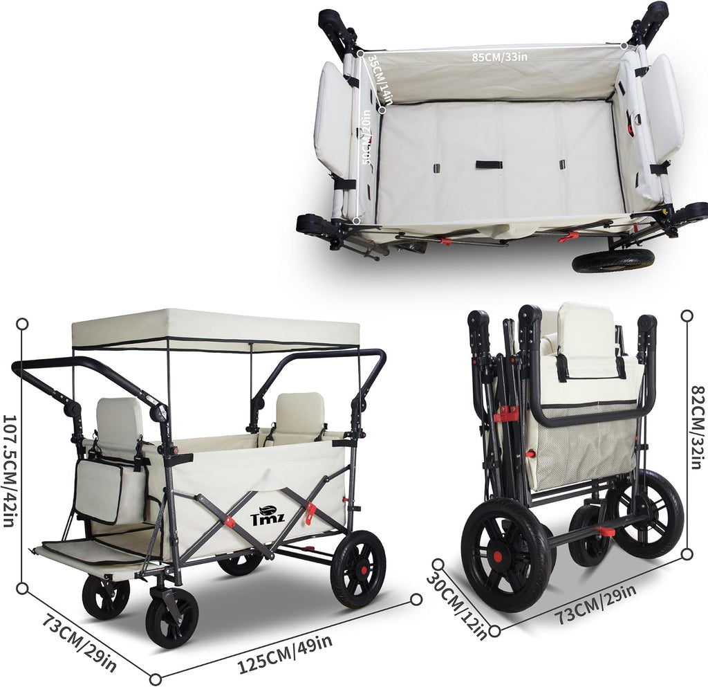 TMZ Collapsible Wagon with 2 Foldable Seats, Folding Wagon with Canopy, Multi Functional Cart with Adjustable Handle Bar, Front Expandable for Transport Camping (Beige)