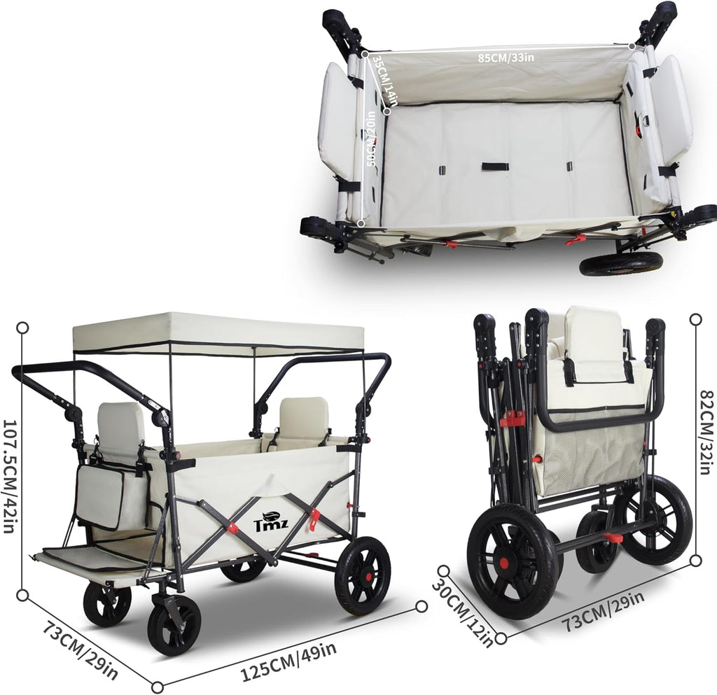 TMZ Foldable Wagon with Rain Cover & 2 Seats, Collapsible Folding Wagon with Adjustable Handle Bar, Multi Functional Cart with Canopy, Front Expandable Garden Cart (Transparent/Beige)