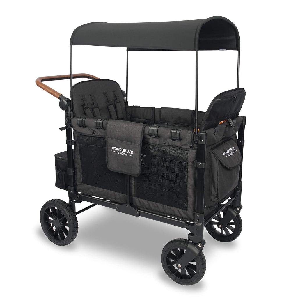 WonderFold W4 Luxe Stroller Wagon - Collapsible Stroller Wagon with Steel Frame - Adjustable Canopy & Push Handle - XL All-Terrain Wheels - for Babies, Toddlers & Kids - 4 Seater - Black