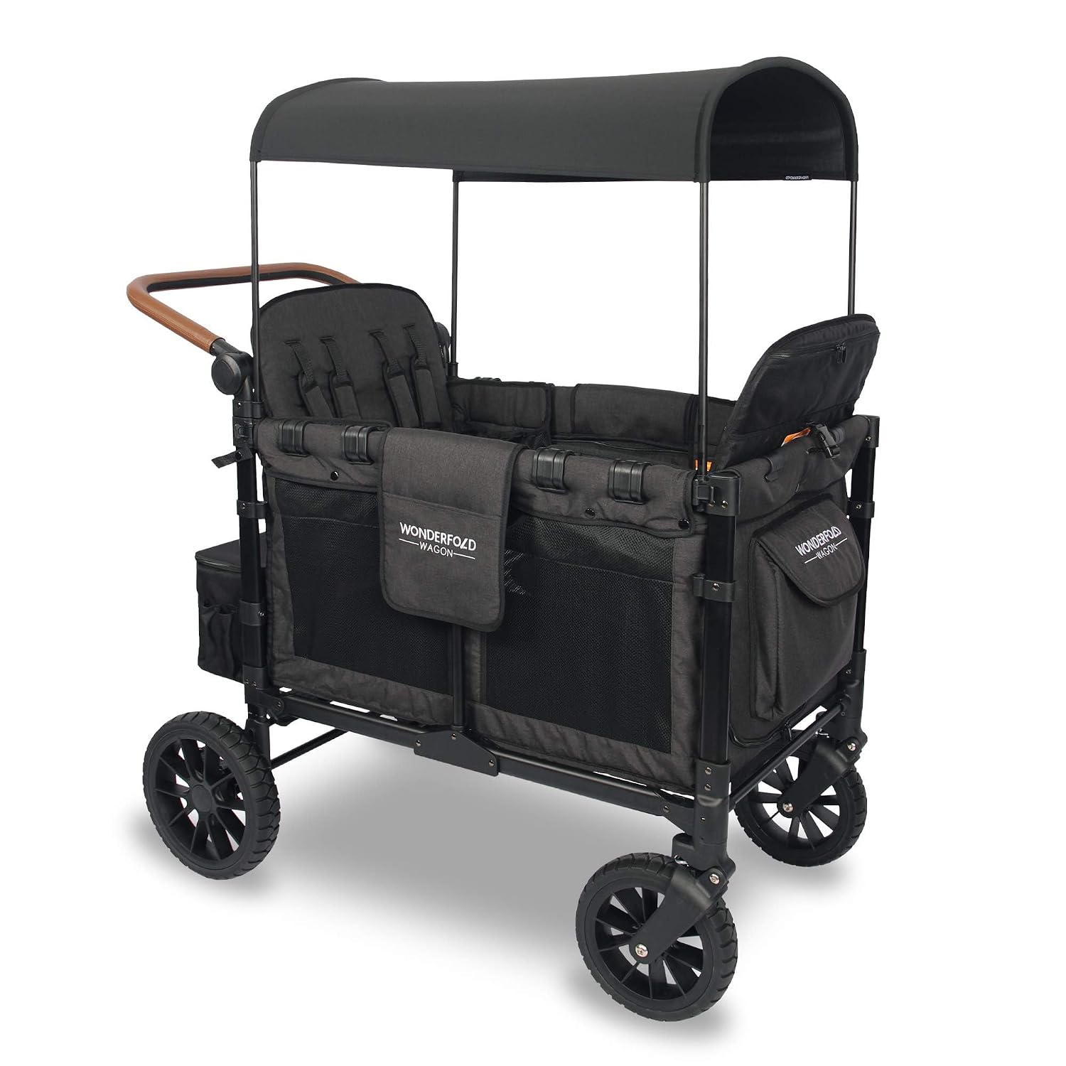 WonderFold W4 Luxe Stroller Wagon - Collapsible Stroller Wagon with Steel Frame - Adjustable Canopy & Push Handle - XL All-Terrain Wheels - for Babies, Toddlers & Kids - 4 Seater - Black