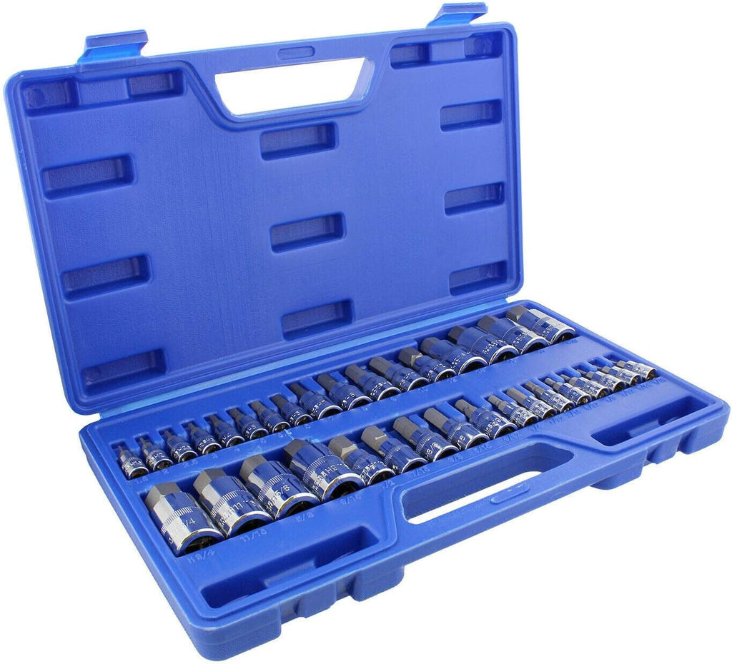 34 Piece Allen Socket Set SAE and Metric Hex Bit Set 3/8, 1/4, 1/2 Inch